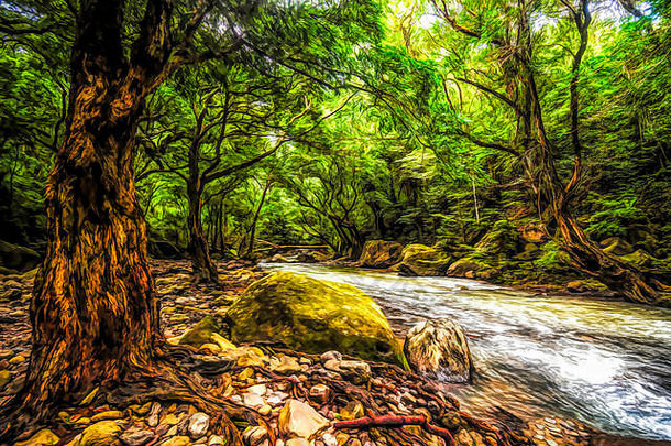 雨森林溪小河景观场景插图