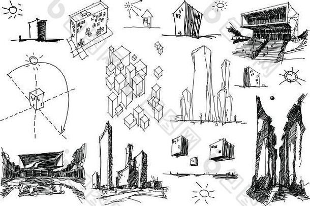 手画architectectural草图现代摘要体系结构nad几何对象城市的想法草稿