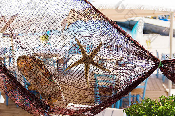 钓鱼网装饰海星海贝传统的希腊餐厅海滩钓鱼港口