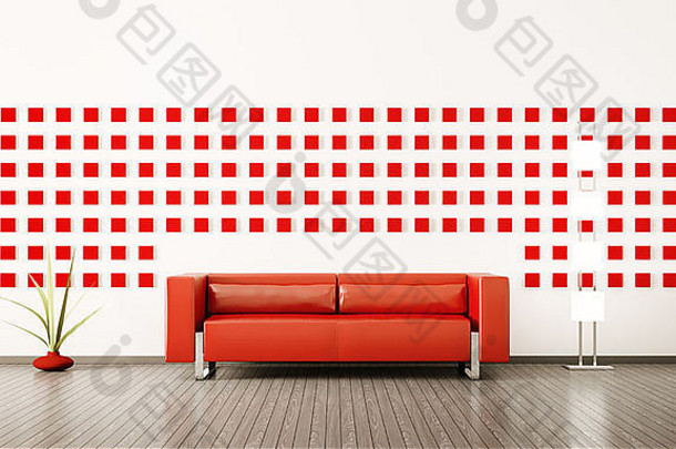 现代室内房间红色的沙发渲染