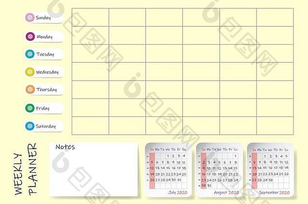 日历季度一年每周规划师图表空白标签笔记主要任务周开始周日