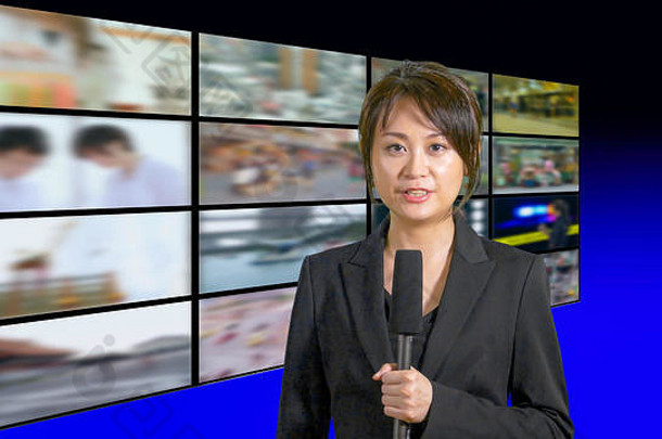 亚洲美国女新闻锚工作室屏幕背景