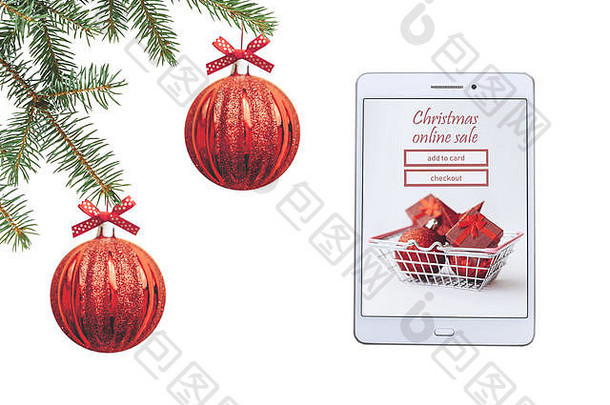 圣诞节在线出售平板电脑购买礼物在线白色背景