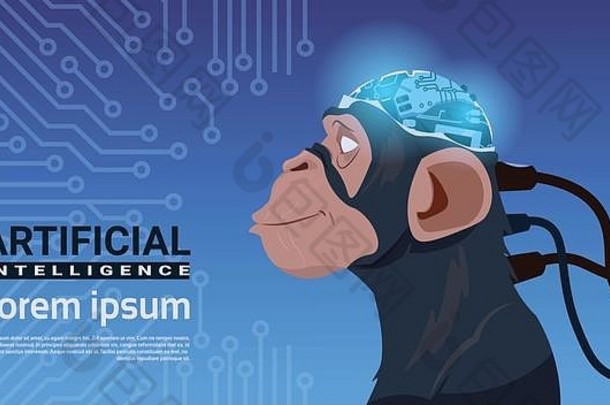 猴子头现代Cyborg大脑电路主板背景人工情报概念