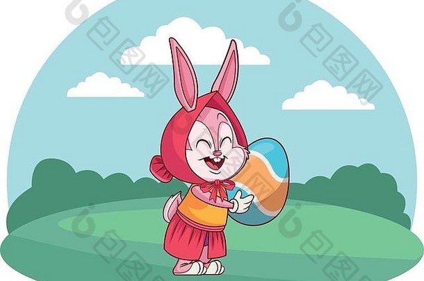 可爱的复活节兔子庆祝活动持有蛋自然背景轮框架