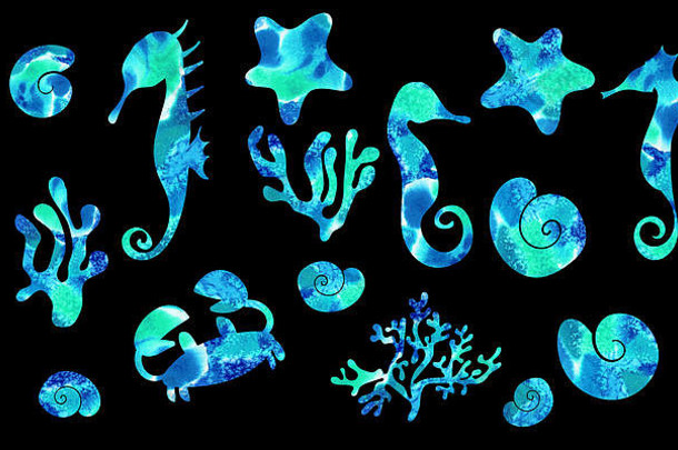 水彩海元素海星贝壳海马螃蟹多石的珊瑚孤立的插图黑色的背景