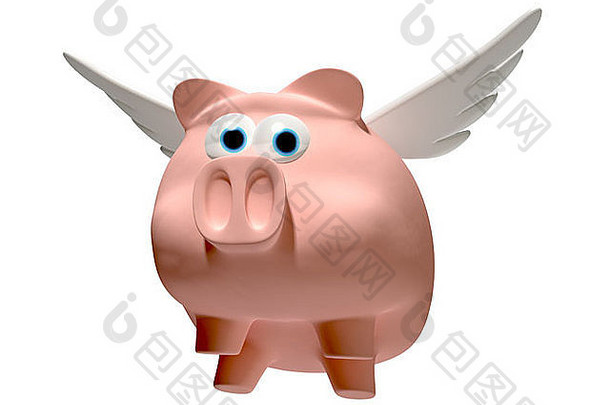 文字描述粉红色的猪集翅膀飞行孤立的白色背景