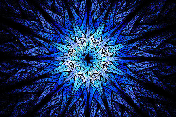 明星形状的蓝色的发光的分形电脑生成的摘要背景