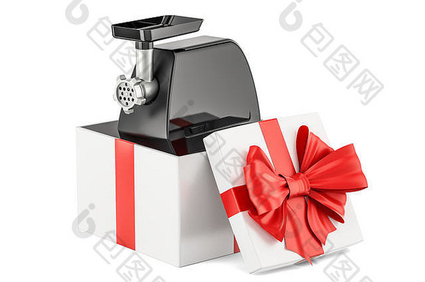 电肉磨床烤箱内部礼物盒子礼物概念呈现孤立的白色背景
