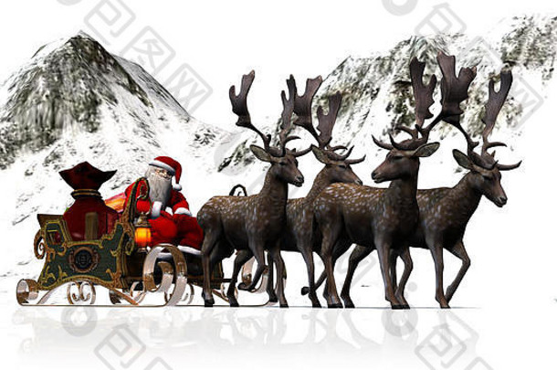 圣诞老人老人雪橇驯鹿前面雪山