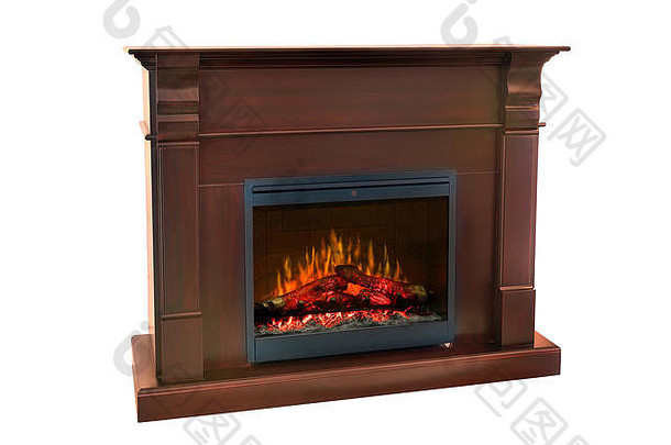 棕色（的）木燃烧壁炉咆哮的火焰经典优雅的设计孤立的白色背景剪裁路径包括壁炉