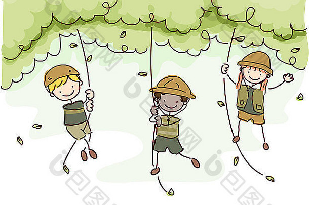 插图特色孩子们Safari服装摆动树树
