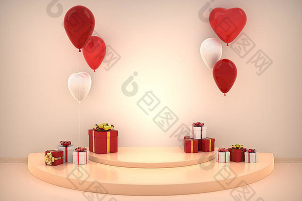 模拟产品基座蓝色的显示房间心气球生日礼物庆祝活动现在盒子空空间广告促销活动