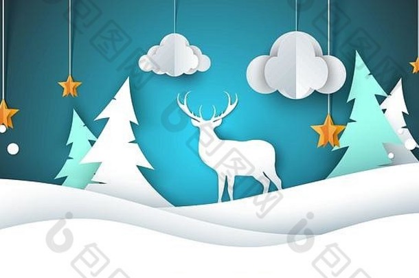 快乐一年插图快乐圣诞节鹿冷杉云明星冬天