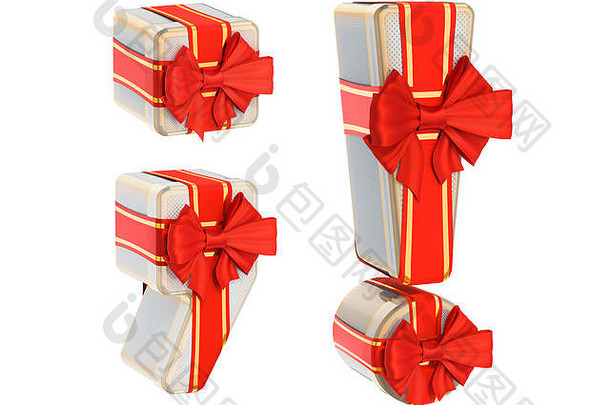 标点符号标志着礼物盒子红色的丝带弓呈现孤立的白色背景