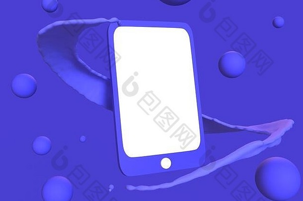渲染白色屏幕智能手机紫色的溅液体球体