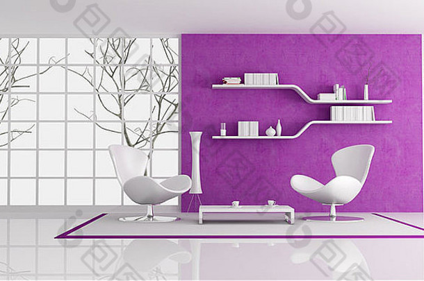 白色时尚扶手椅前面紫色的石膏墙呈现