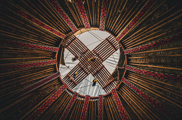国家传统的装饰蒙古包天花板kzakhstanKazakhstani点缀古董编织模式蒙古包装饰