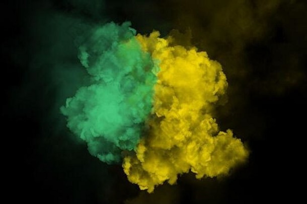 爆炸颜色绿色黄色的烟溶胶化黑色的背景