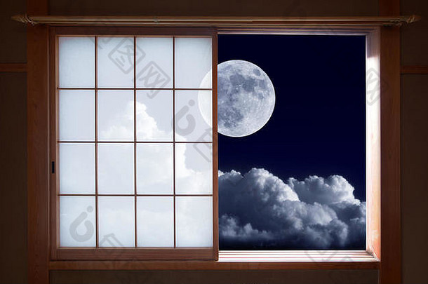 日本大米纸滑动窗口明亮的完整的月亮
