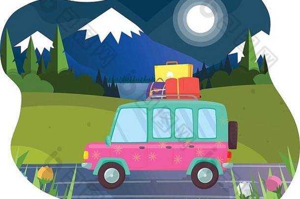 车行李屋顶准备好了夏天假期野营掀背车开车山景观晚上时间月亮闪亮的朋友