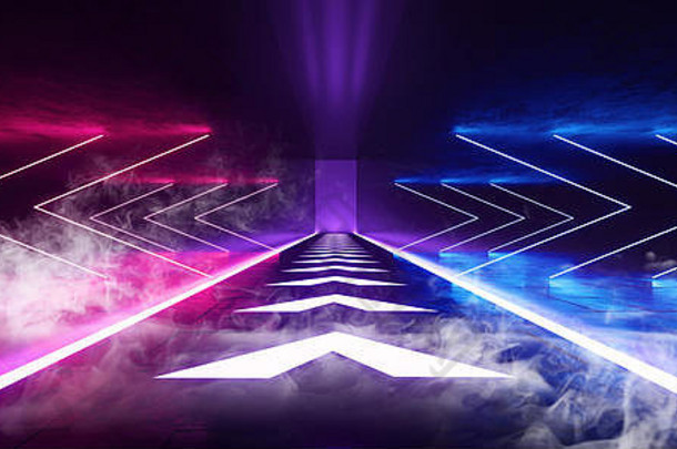烟空霓虹灯荧光灯紫色的sci未来主义的黑暗外星人宇宙飞船大厅隧道走廊领导激光箭头形状的地板上灯发光的