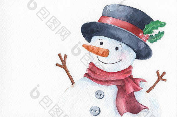 水彩雪人快乐的微笑孤立的白色背景手画插图快乐圣诞节快乐一年