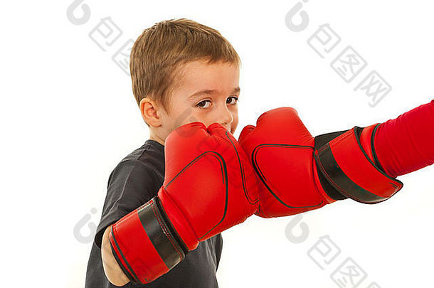 拳击手男孩战斗相机孤立的白色背景
