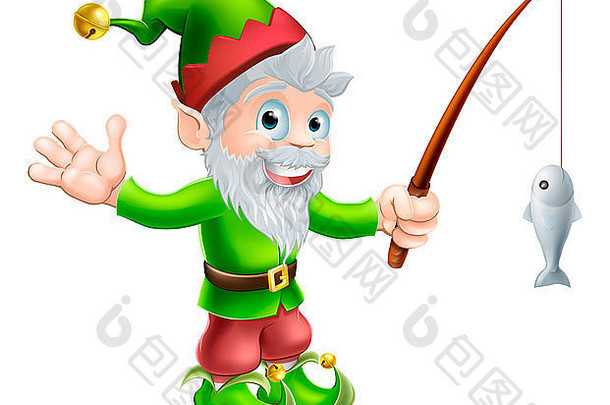 插图可爱的快乐挥舞着花园Gnome精灵字符吉祥物钓鱼杆