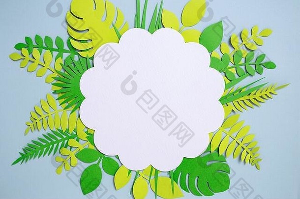 平躺古董卡框架颜色纸绿色叶子设计蓝色的背景前视图复制空间花艺术