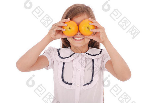 女孩橙子眼睛白色背景