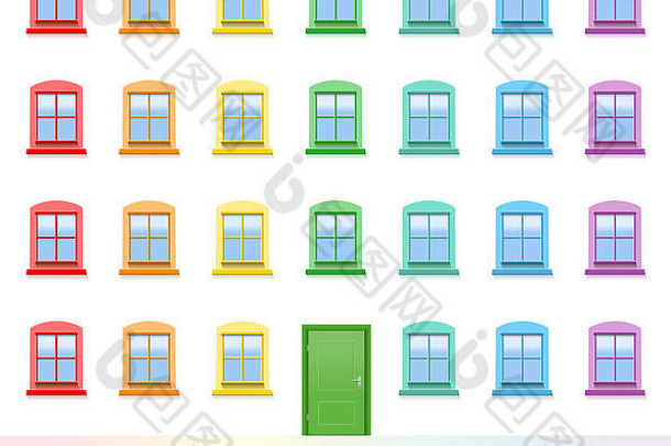 色彩斑斓的房子前面绿色入口通过彩色的窗户插图白色背景