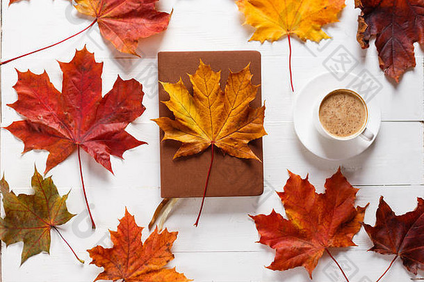 概念秋天情绪早....咖啡日记彩色的枫木叶子
