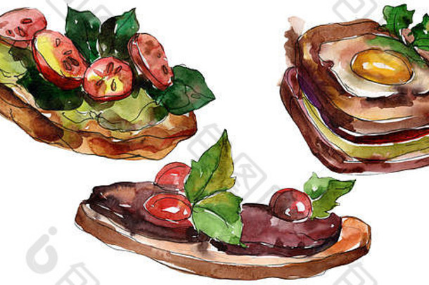三明治水彩风格孤立的水彩画快食物插图元素白色背景