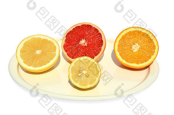 半黄色的红色的葡萄柚橙色柠檬集白色板