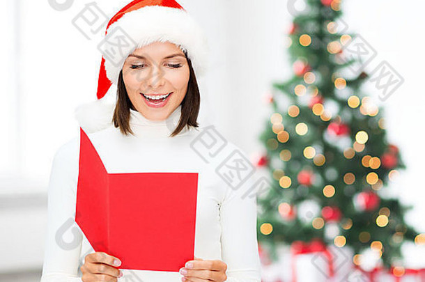 女人圣诞老人助手他空白红色的明信片