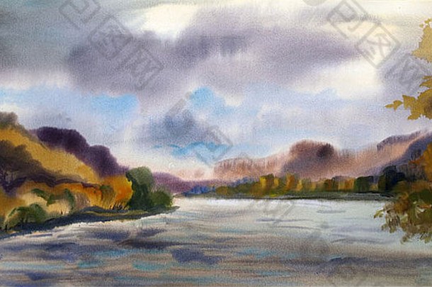 秋天景观山湖画水彩