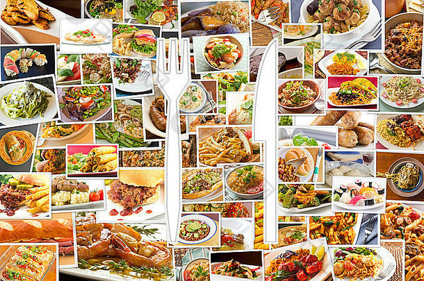 拼贴画很多受欢迎的在世界范围内食物叉刀象征形状
