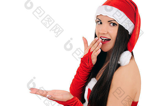 孤立的年轻的浅黑肤色的女人圣诞节女孩惊讶