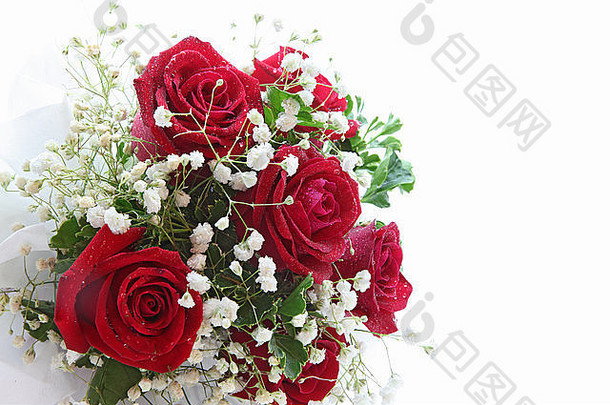 玫瑰花束孤立的白色婚礼问候仪式一边的角度来看