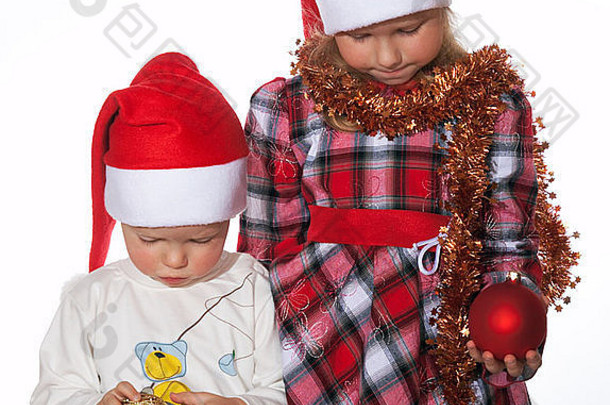 小拖欠债务的男孩女孩圣诞节光背景孤立的