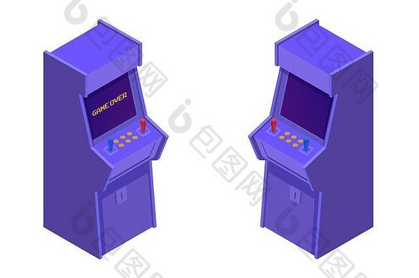 等角商场游戏机器复古的紫色的游戏机操纵 杆控制按钮