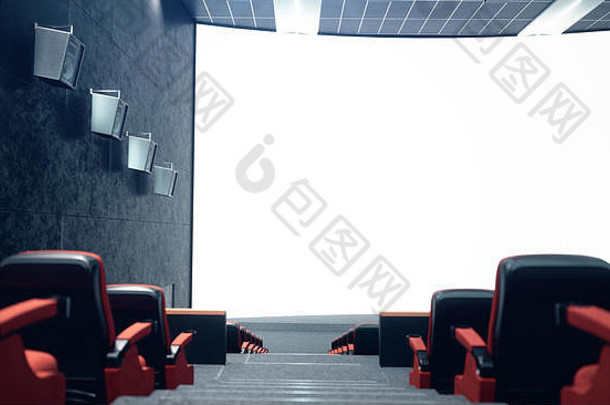 电影大厅空白屏幕空座位现代设计引人注目的照明霓虹灯照明音频系统墙电影大厅