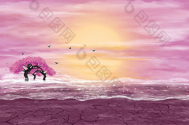 幻想景观黄色的粉红色的颜色水沙漠开花树数字艺术