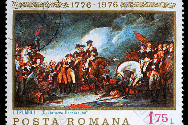 邮票印刷罗马尼亚显示捕获麻布绘画约翰Trumbull美国周年纪念约