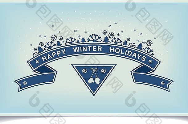 快乐冬天假期问候卡丝带设计雪作文光蓝色的背景