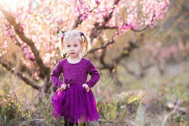 可爱的婴儿女孩一年穿紫色的衣服站盛开的桃子树在户外相机夏天时间