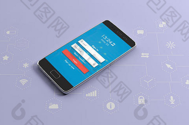 移动电话智能手机登录屏幕蓝色的背景应用程序图标插图