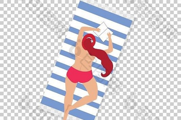 女人海滩孤立的透明的背景年轻的女孩成形游泳西装放松袒胸说谎肚子毛巾阅读书日光浴