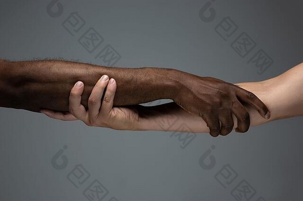 帮助手种族宽容尊重社会团结非洲高加索人手手势灰色的工作室背景人类权利友谊和国际团结概念跨种族团结